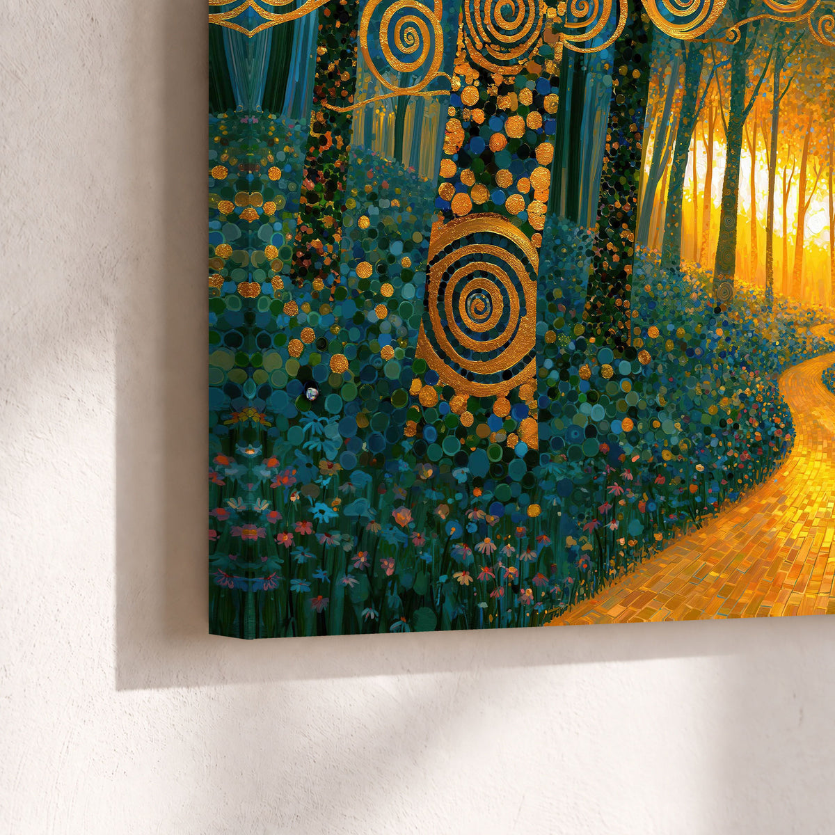 Golden swirl forest painting canvas print close-up showing the gallery-wrapped edge