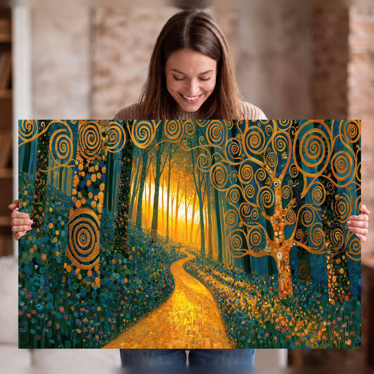 Golden swirl forest painting stretched canvas wall art held in hands