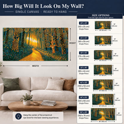 Golden swirl forest painting canvas wall art size guide above a sofa