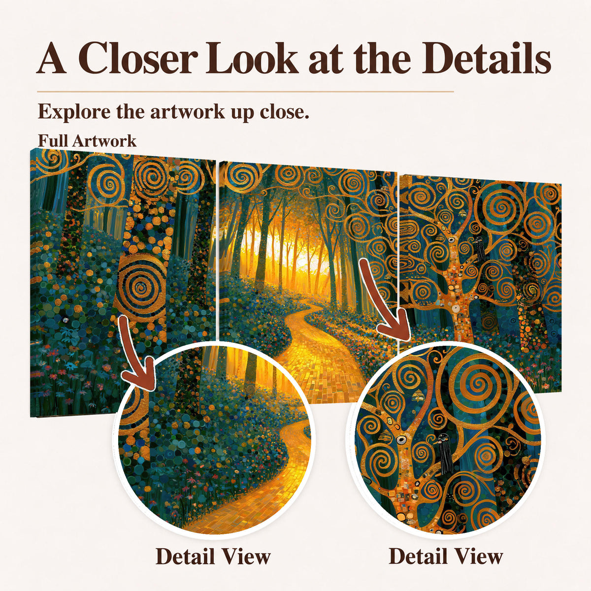 Golden swirl forest painting closer look at the details