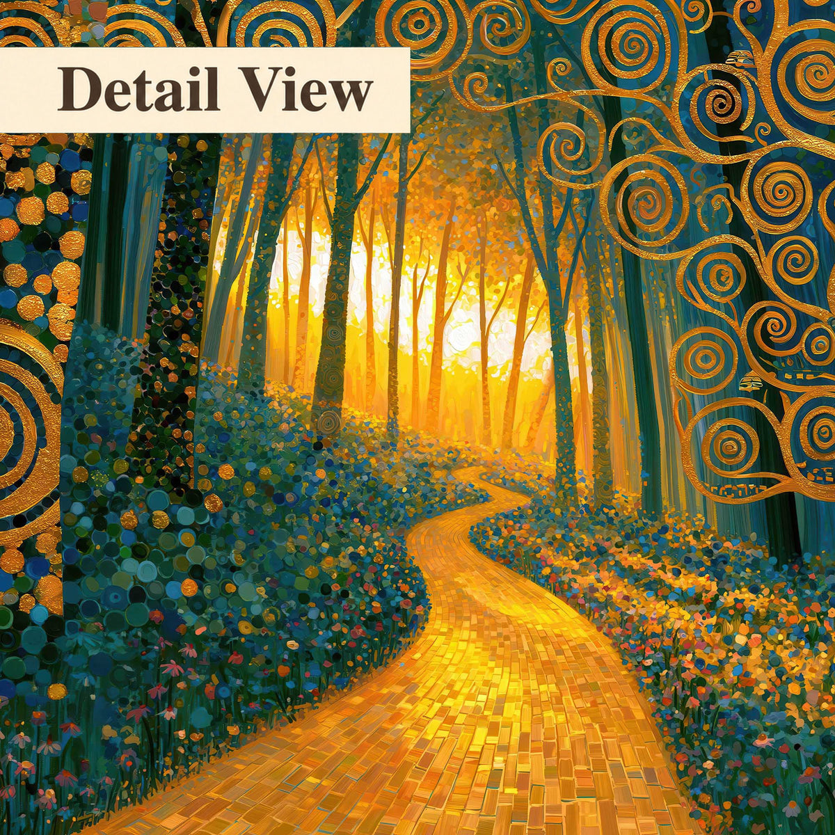 Golden swirl forest painting detail close-up