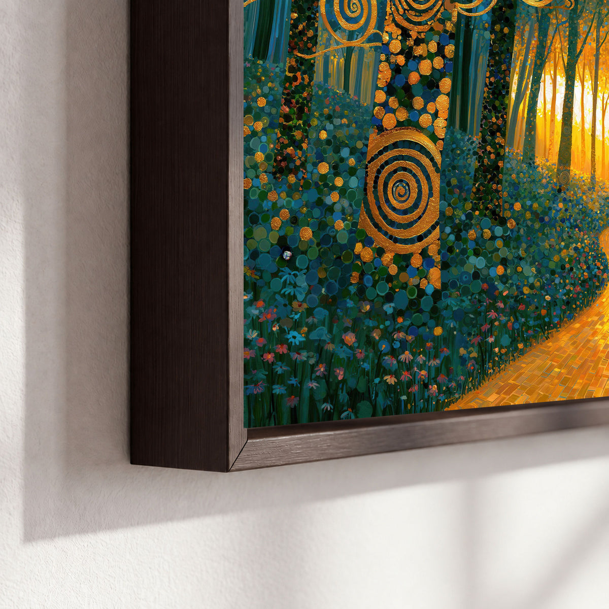 Golden swirl forest painting framed canvas close-up showing the floating frame