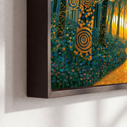 Golden swirl forest painting framed canvas close-up showing the floating frame