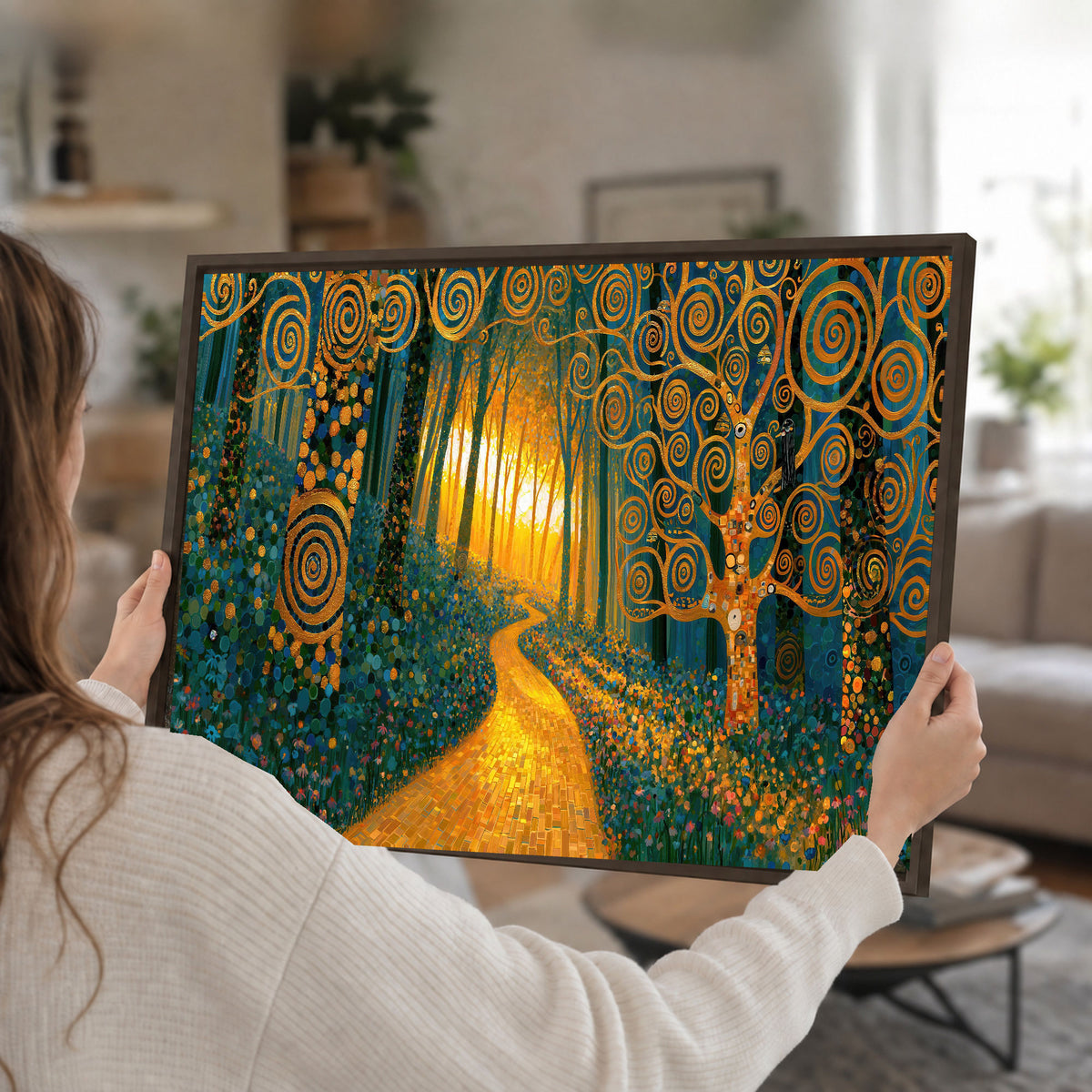 Golden swirl forest painting framed canvas wall art held in hands