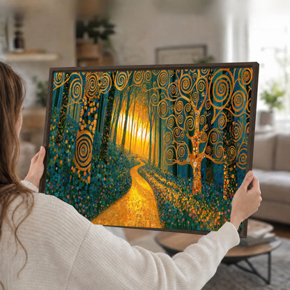 Golden swirl forest painting framed canvas wall art held in hands