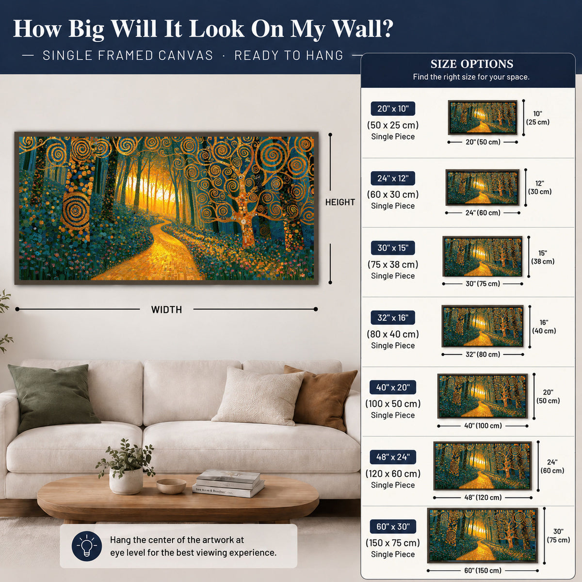 Golden swirl forest painting framed canvas wall art size guide above a sofa