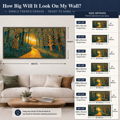 Golden swirl forest painting framed canvas wall art size guide above a sofa