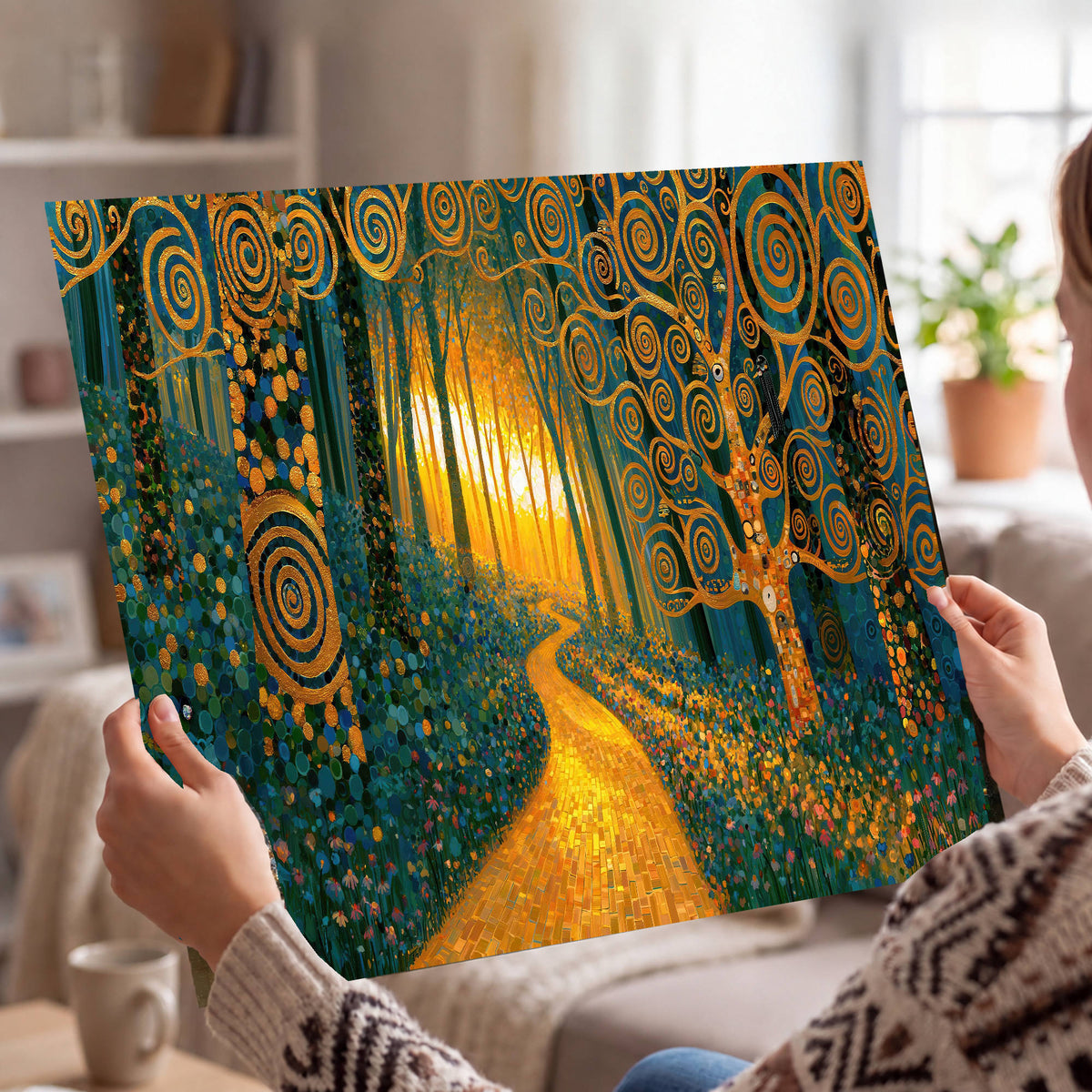 Golden swirl forest painting poster print held in hands