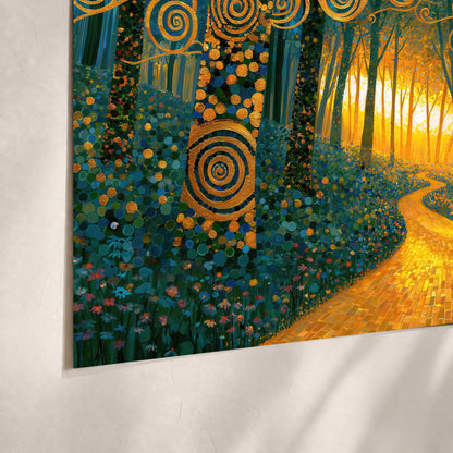 Golden swirl forest painting poster print close-up on matte paper
