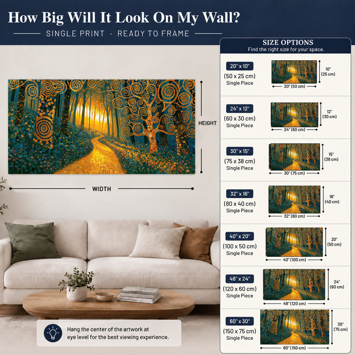 Golden swirl forest painting poster print size guide above a sofa