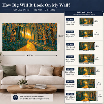 Golden swirl forest painting poster print size guide above a sofa