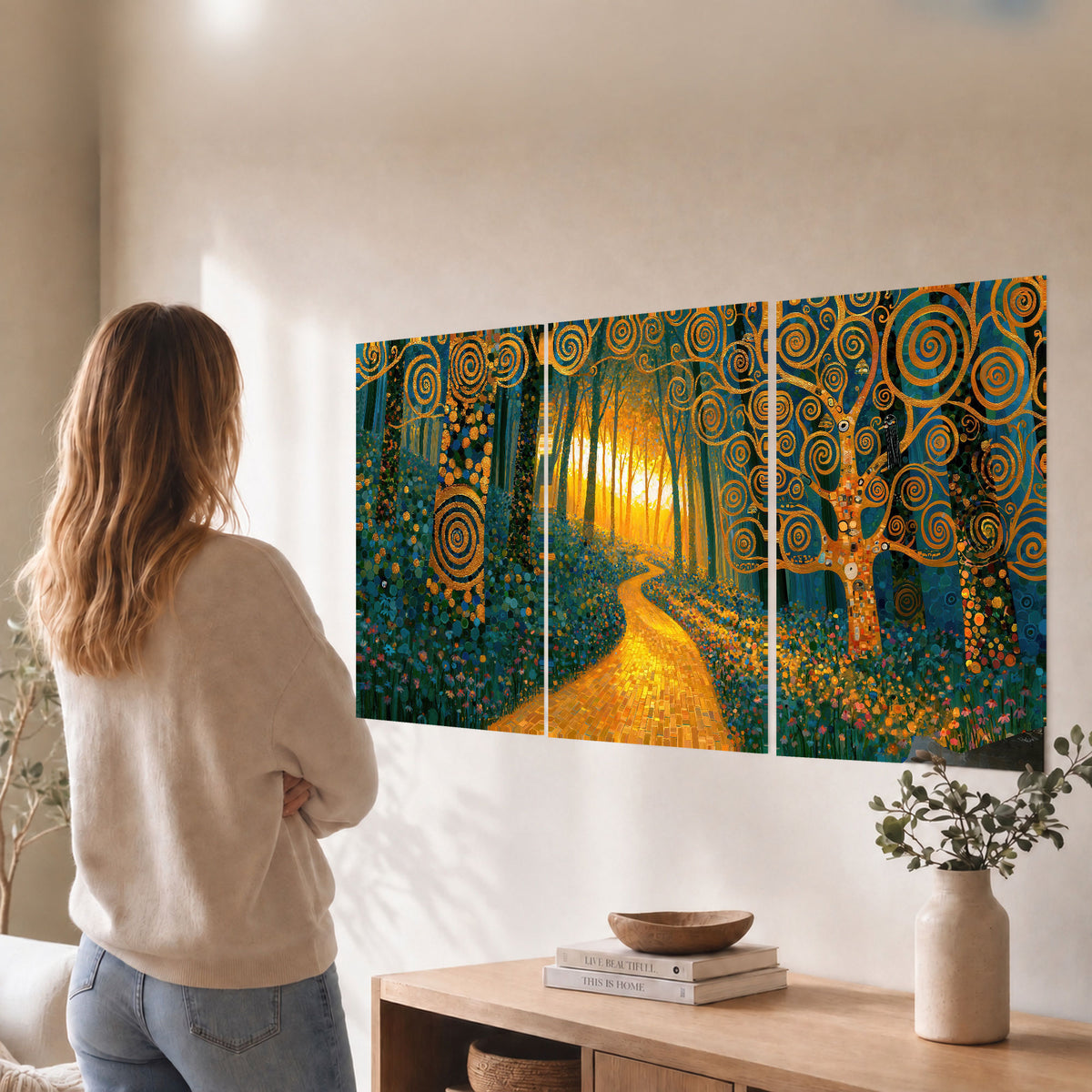 Golden swirl forest painting set of 3 poster prints in a living room