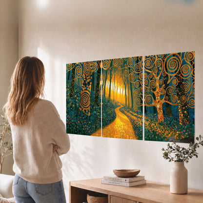 Golden swirl forest painting set of 3 poster prints in a living room
