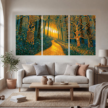 Golden swirl forest painting set of 3 poster prints in a bright living room