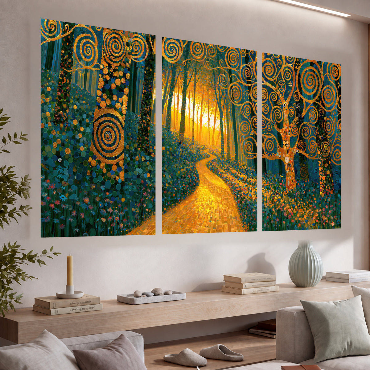 Golden swirl forest painting set of 3 poster prints in a living room above a console