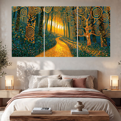 Golden swirl forest painting set of 3 poster prints in a bedroom above the bed