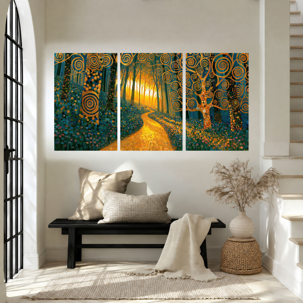 Golden swirl forest painting set of 3 poster prints in an entryway above a bench