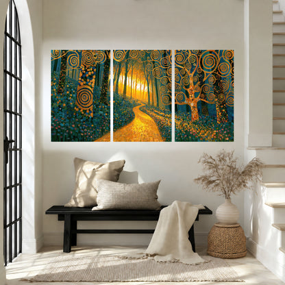 Golden swirl forest painting set of 3 poster prints in an entryway above a bench