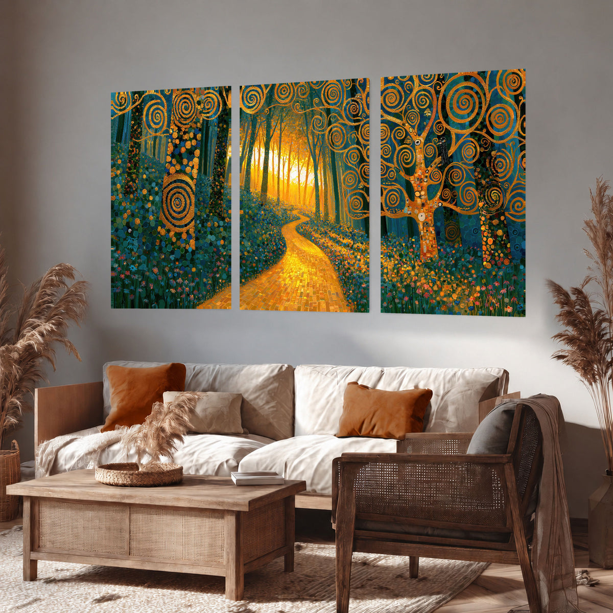 Golden swirl forest painting set of 3 poster prints in a rustic living room