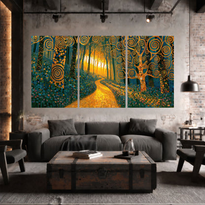 Golden swirl forest painting set of 3 poster prints in an industrial loft