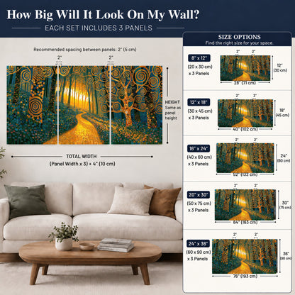 Golden swirl forest painting set of 3 poster prints size guide above a sofa