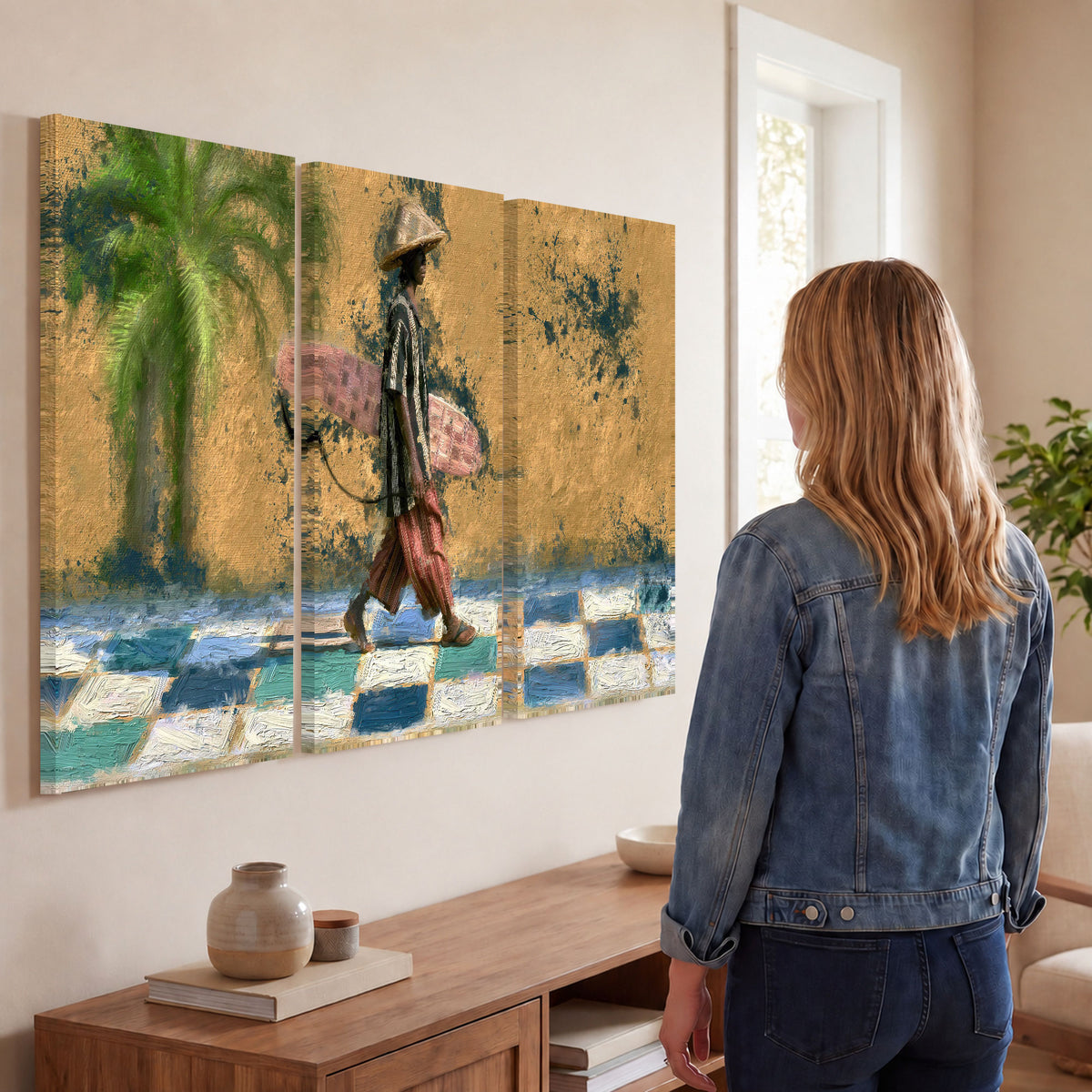 Surfer street painting 3 piece canvas wall art in a living room