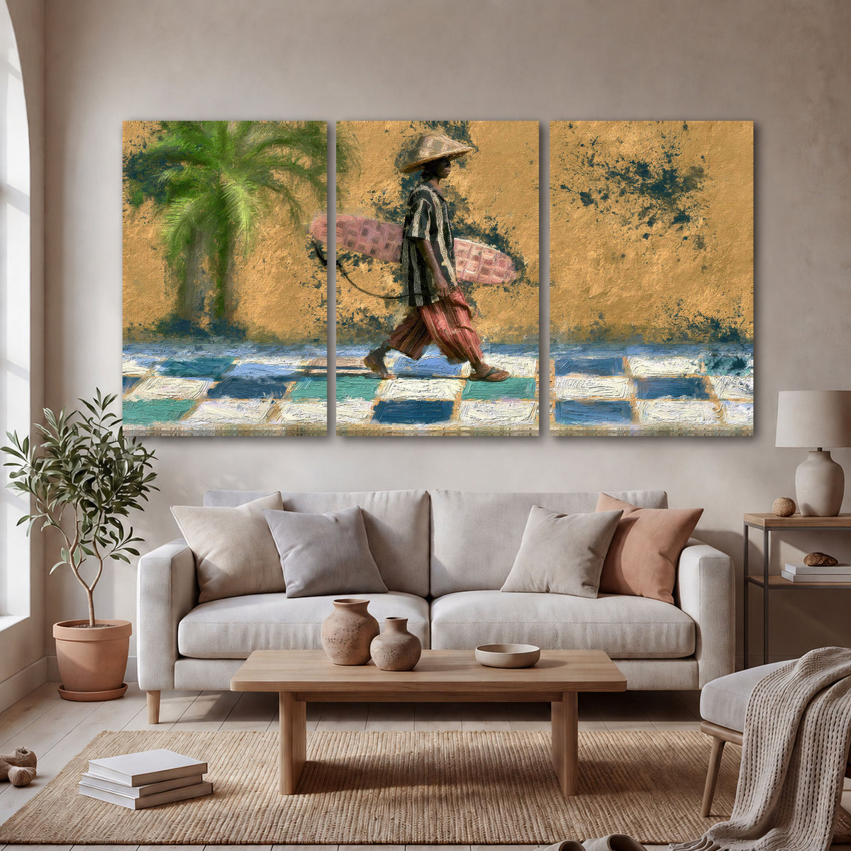 Surfer street painting 3 piece canvas wall art in a bright living room