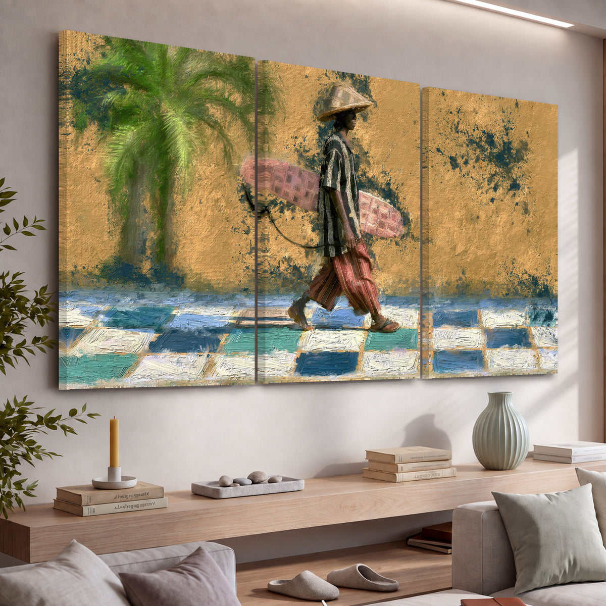 Surfer street painting 3 piece canvas wall art in a living room above a console