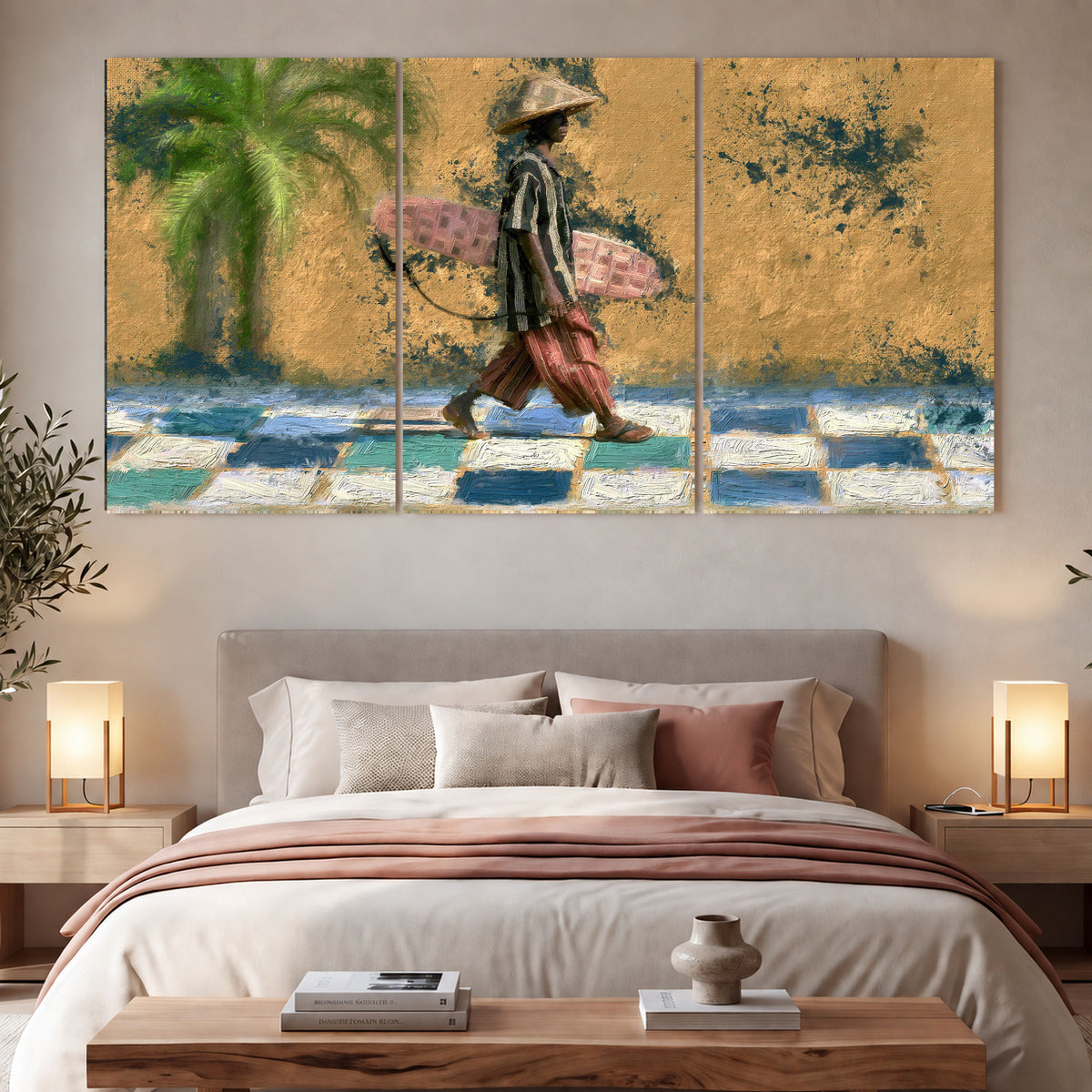 Surfer street painting 3 piece canvas wall art in a bedroom above the bed