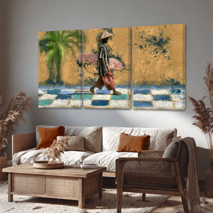 Surfer street painting 3 piece canvas wall art in a rustic living room