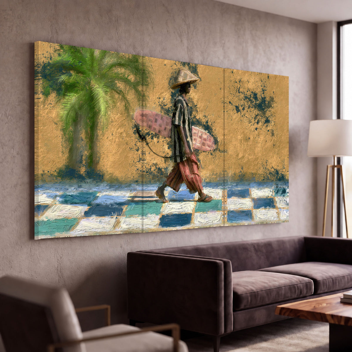 Surfer street painting 3 piece canvas wall art in a modern living room