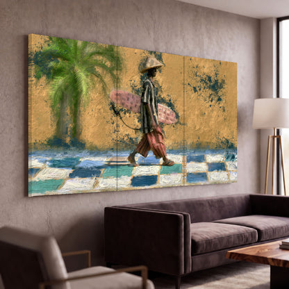 Surfer street painting 3 piece canvas wall art in a modern living room