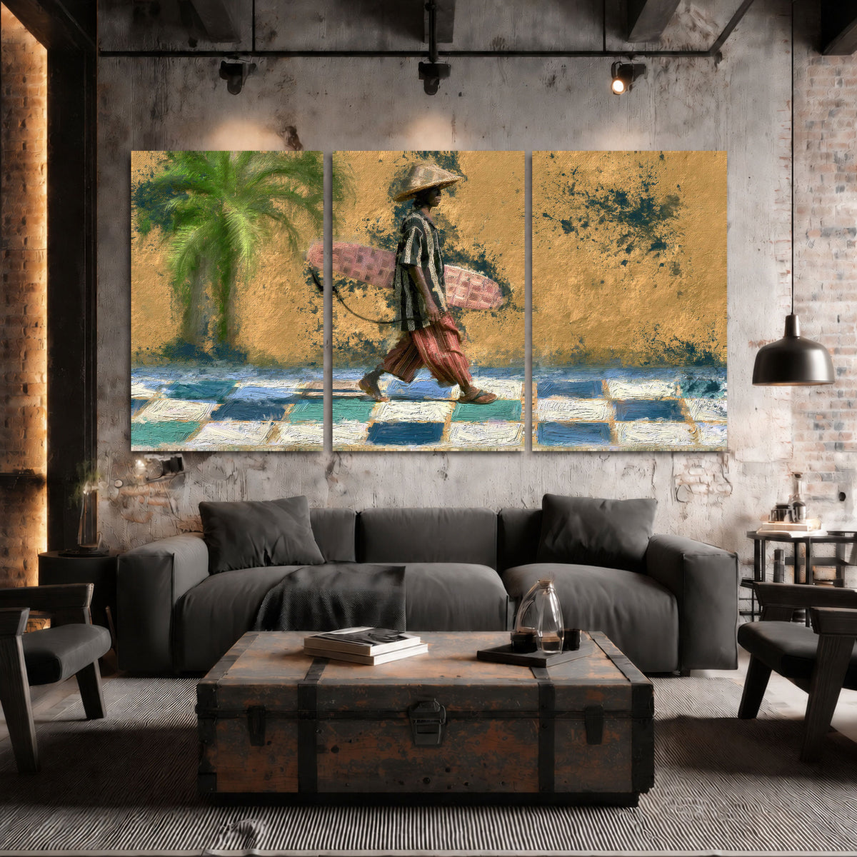 Surfer street painting 3 piece canvas wall art in an industrial loft
