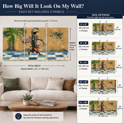 Surfer street painting 3 piece canvas wall art size guide above a sofa