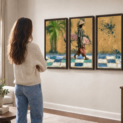 Surfer street painting 3 piece framed canvas in a living room