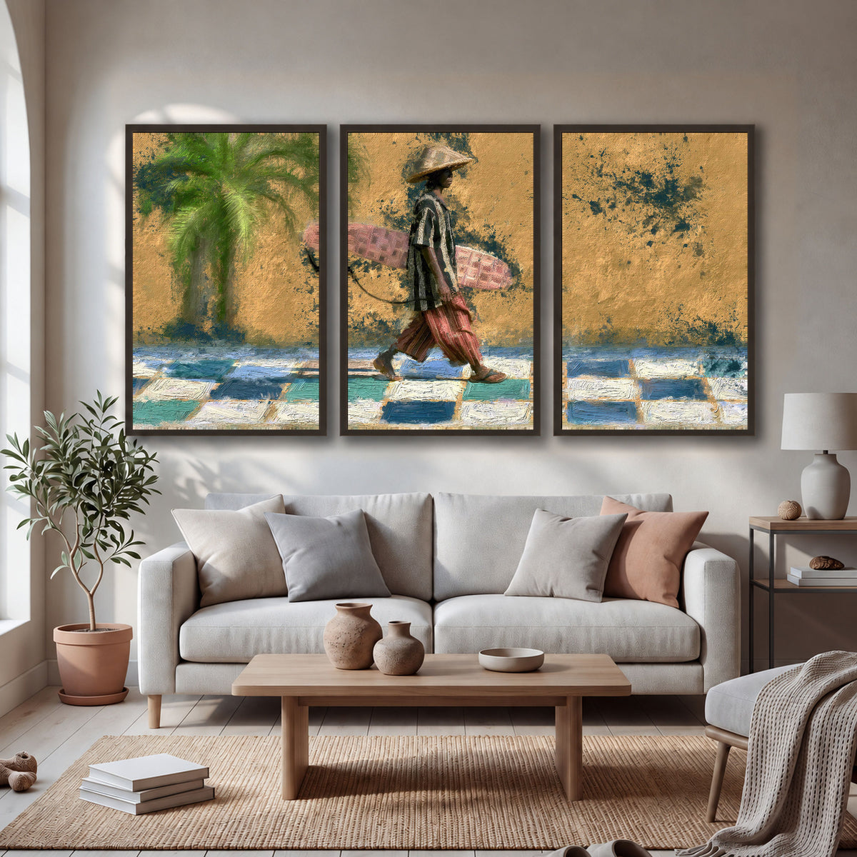 Surfer street painting 3 piece framed canvas in a bright living room