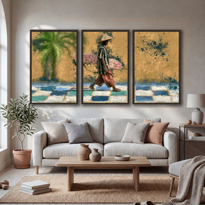Surfer street painting 3 piece framed canvas in a bright living room