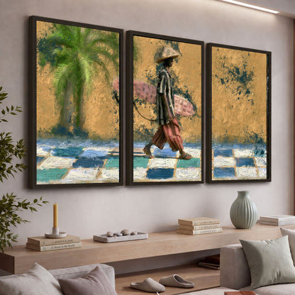 Surfer street painting 3 piece framed canvas in a living room above a console
