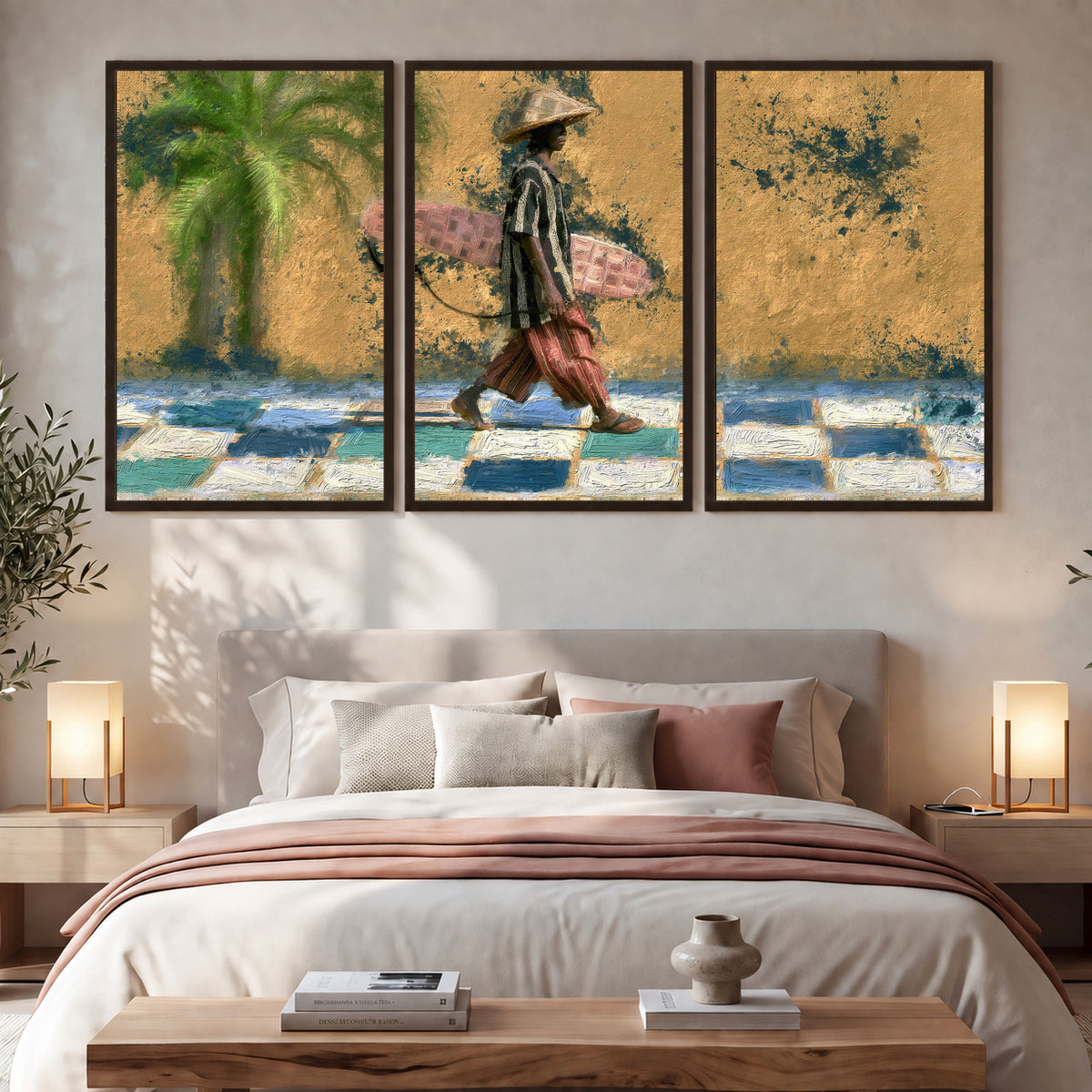 Surfer street painting 3 piece framed canvas in a bedroom above the bed