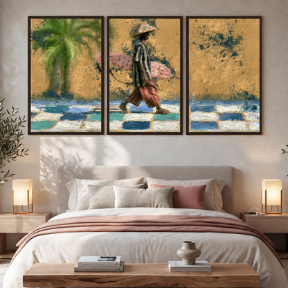Surfer street painting 3 piece framed canvas in a bedroom above the bed
