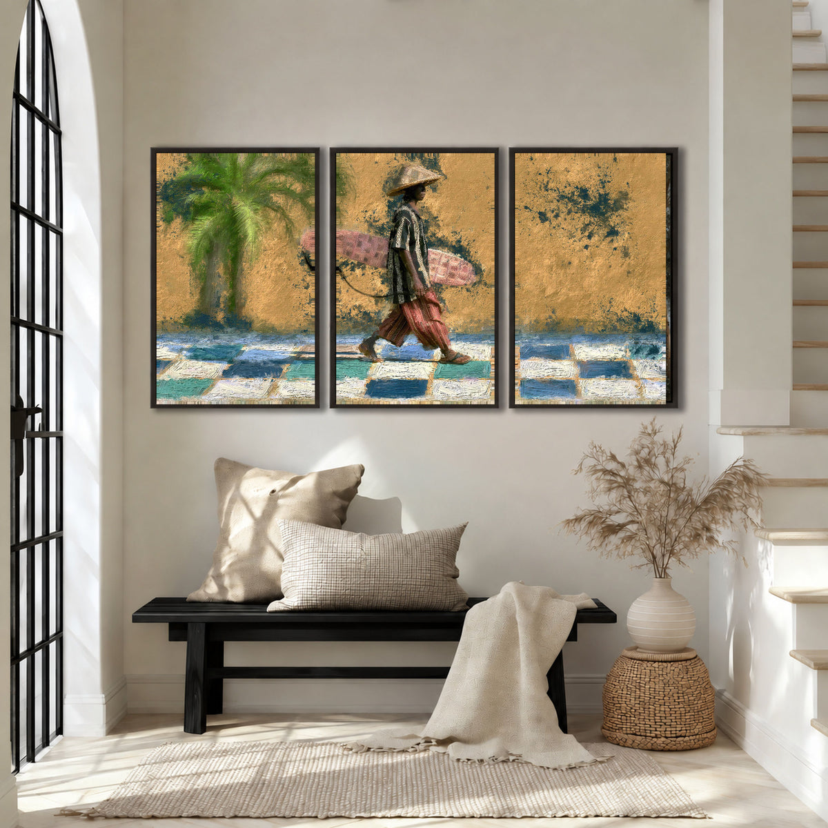 Surfer street painting 3 piece framed canvas in an entryway above a bench