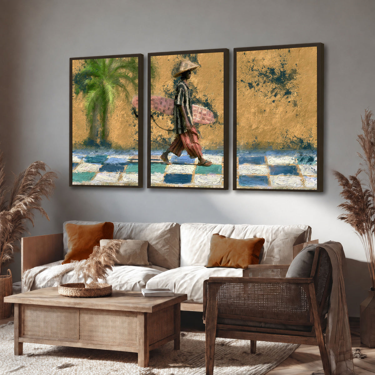 Surfer street painting 3 piece framed canvas in a rustic living room