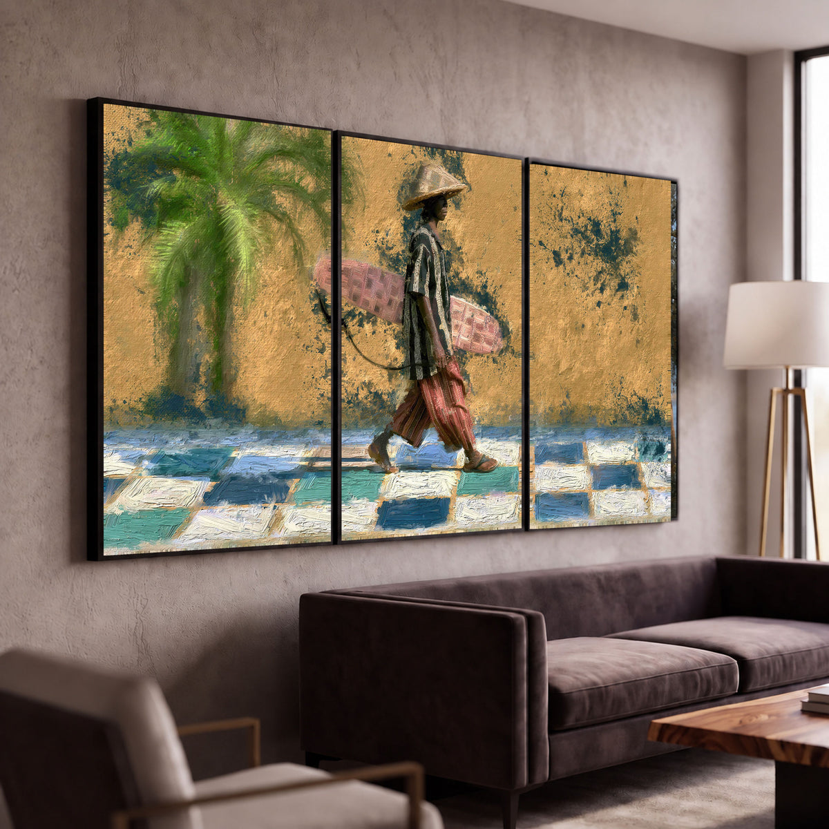 Surfer street painting 3 piece framed canvas in a modern living room