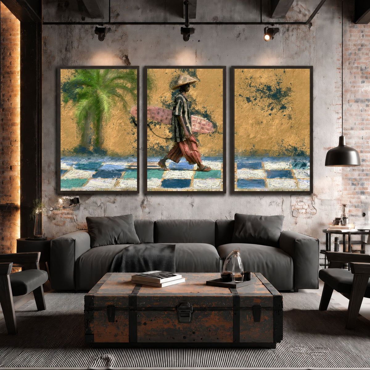 Surfer street painting 3 piece framed canvas in an industrial loft