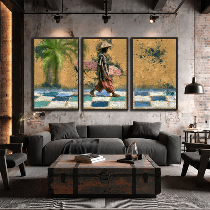 Surfer street painting 3 piece framed canvas in an industrial loft