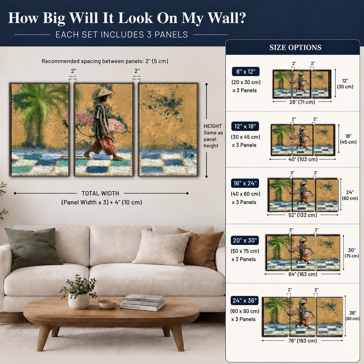 Surfer street painting 3 piece framed canvas size guide above a sofa