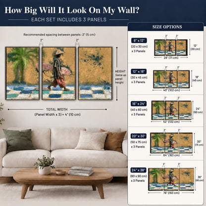Surfer street painting 3 piece framed canvas size guide above a sofa