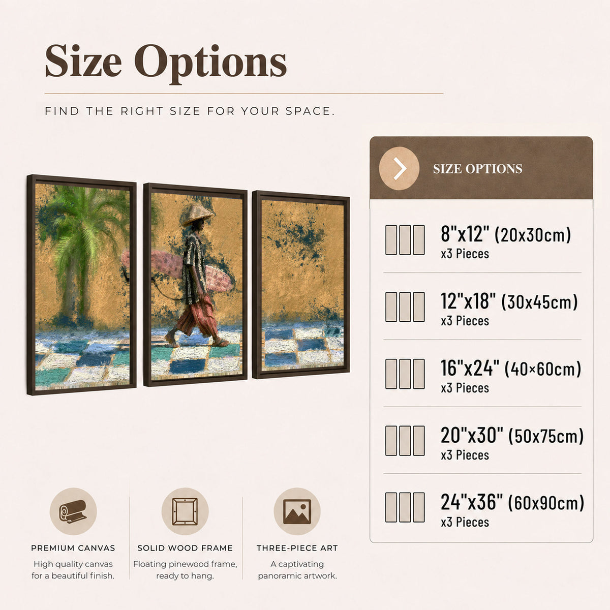 Surfer street painting 3 piece framed canvas size options
