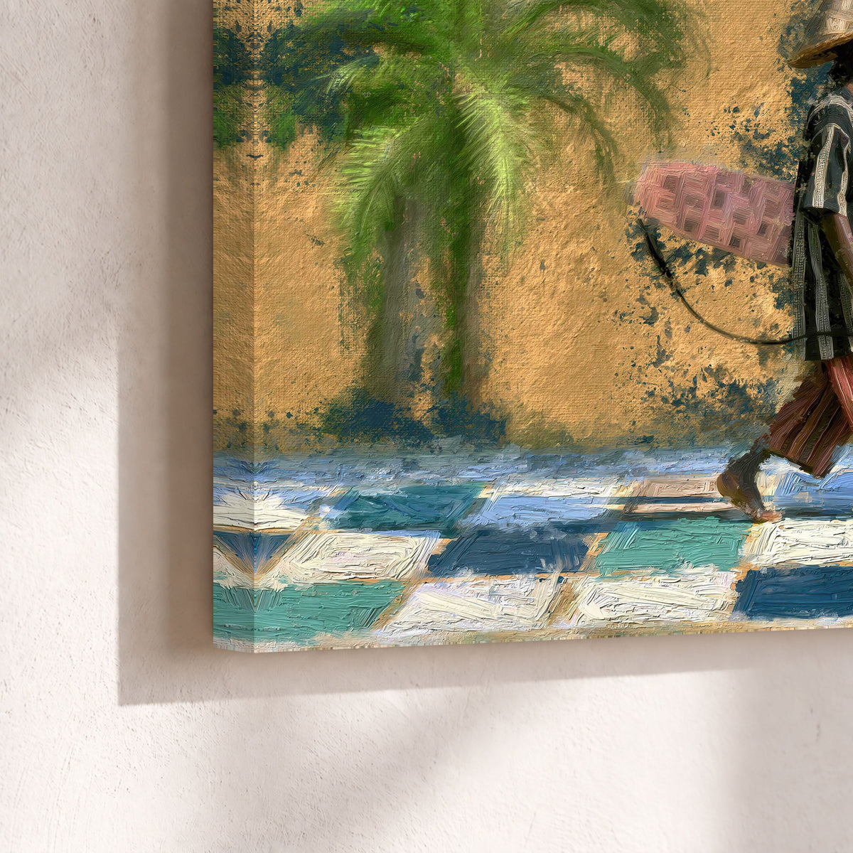 Surfer street painting canvas print close-up showing the gallery-wrapped edge