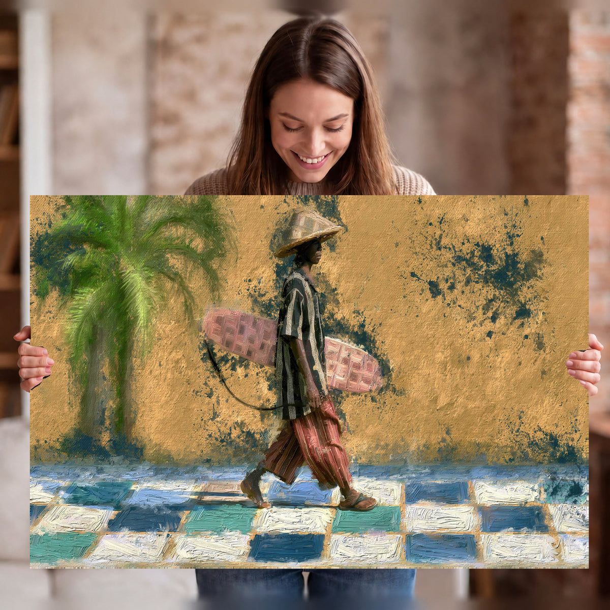Surfer street painting stretched canvas wall art held in hands